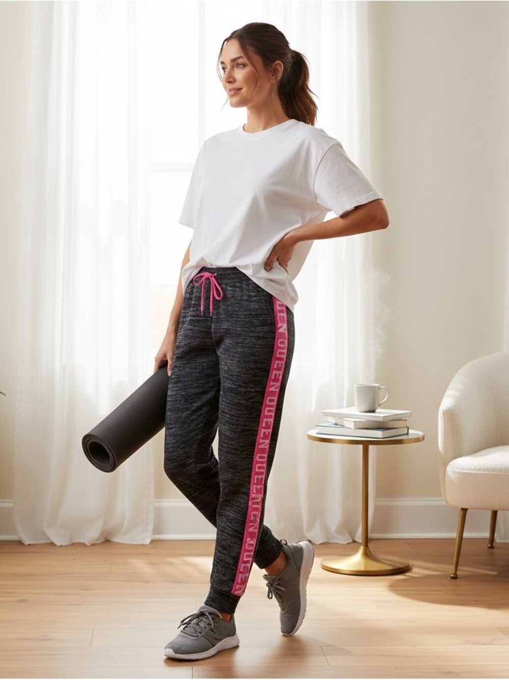 Bobbie Brooks Joggers Women Medium Gray Pink New Queen Side Stripe Fleece Pants